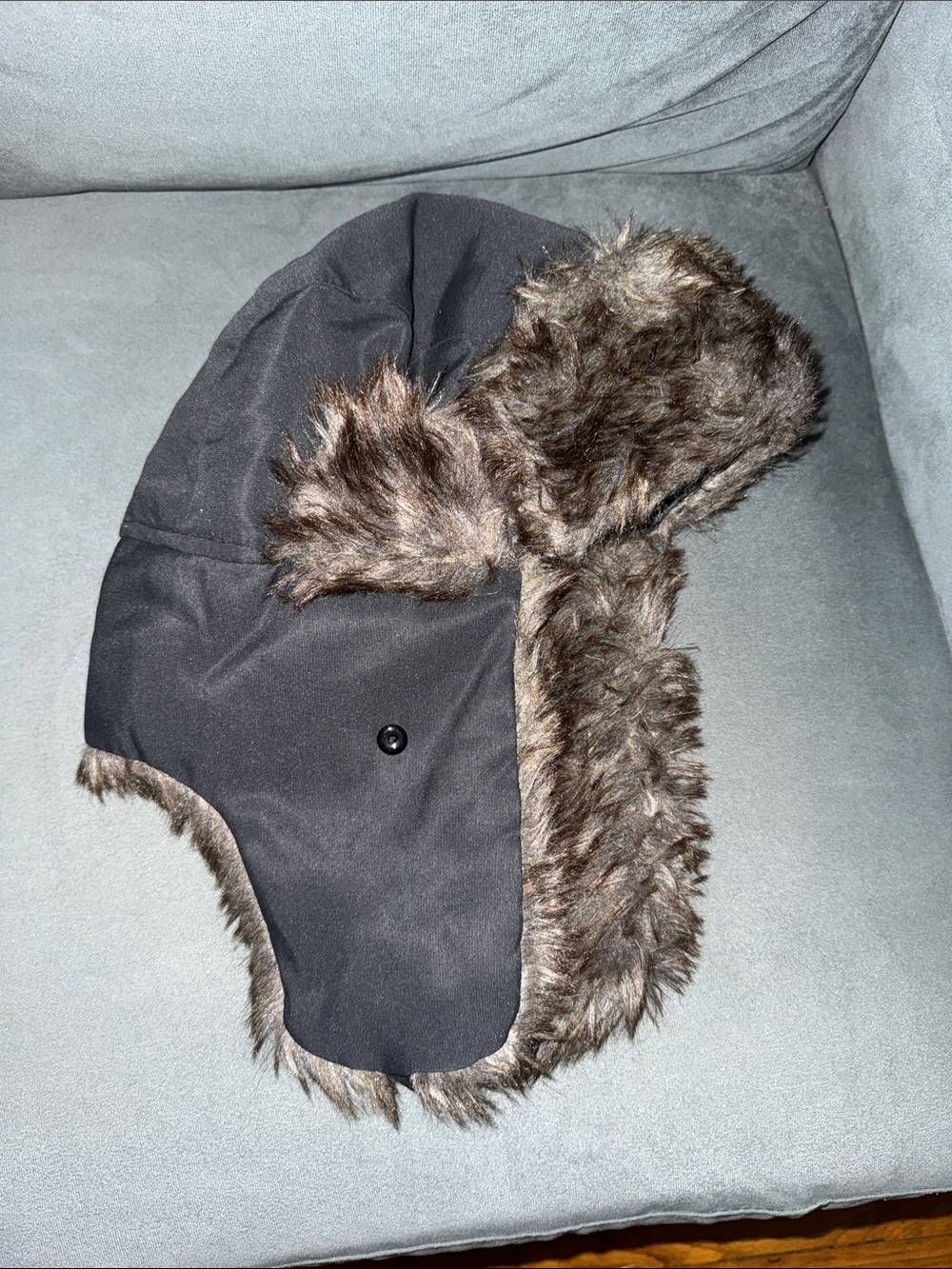 Women's Black Faux Fur Trapper Hat with Brown Fur Trim